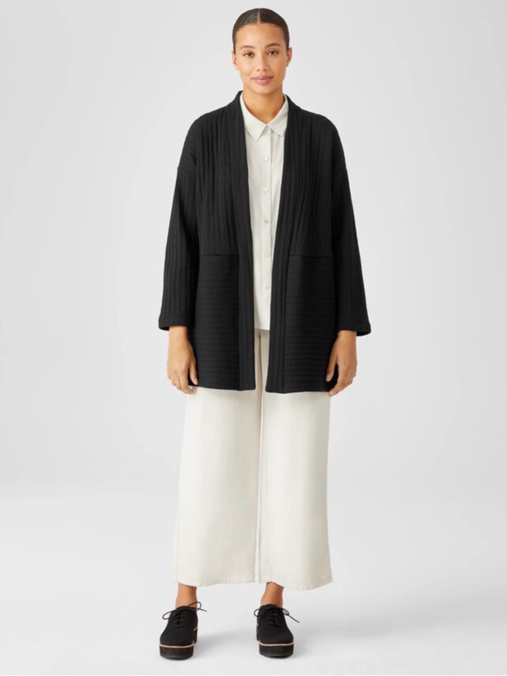 Eileen Fisher Organic Cotton Channels High Collar Jacket in Black Size Small - Picture 3 of 10